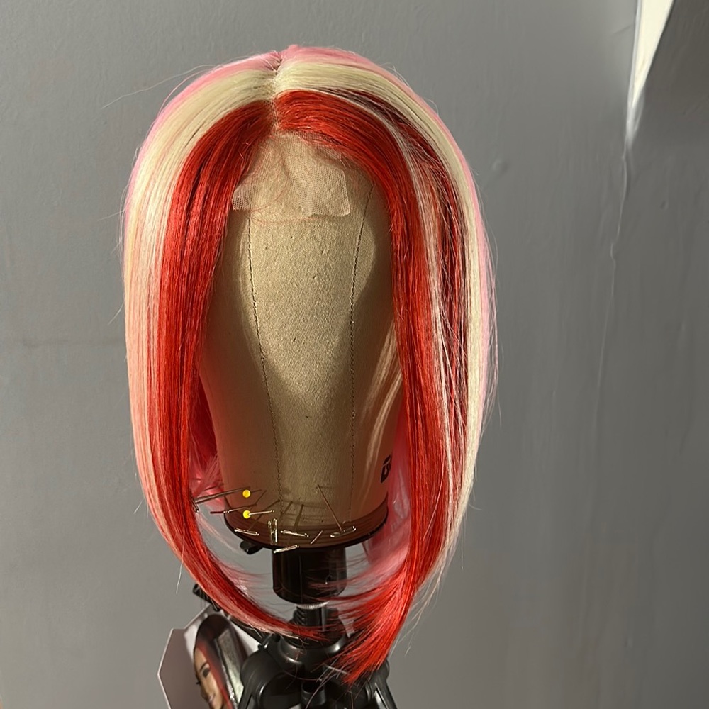 Synthetic red/pink hand tied part wig